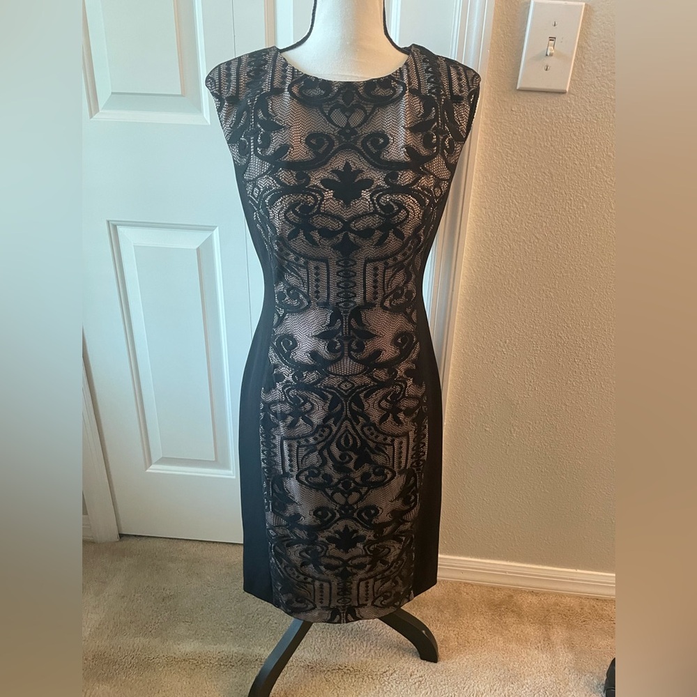 Maggy London Black Lace-Overlay Midi Sheath Dress